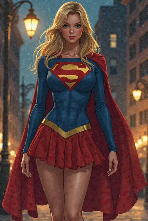 illustration of Supergirl, a lean muscular frame (:1.8) with a menecing appearance, Supergirl from DC(:1.9) sHe's posed in for attack, classic costume (:1.9) looking at the viewer. The background is of vintage-style old City  (:1.9) at night, street lamps,...