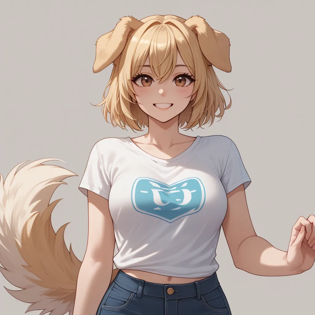 (masterpiece) (high detail) (high resolution) A female humanoid canine, low,  curvy and slim , with pale human skin and brown eyes,  long straight blonde hair , big fluffy blond dog ears, a long and fluffy blonde canine tail and medium breasts.. She is sta...