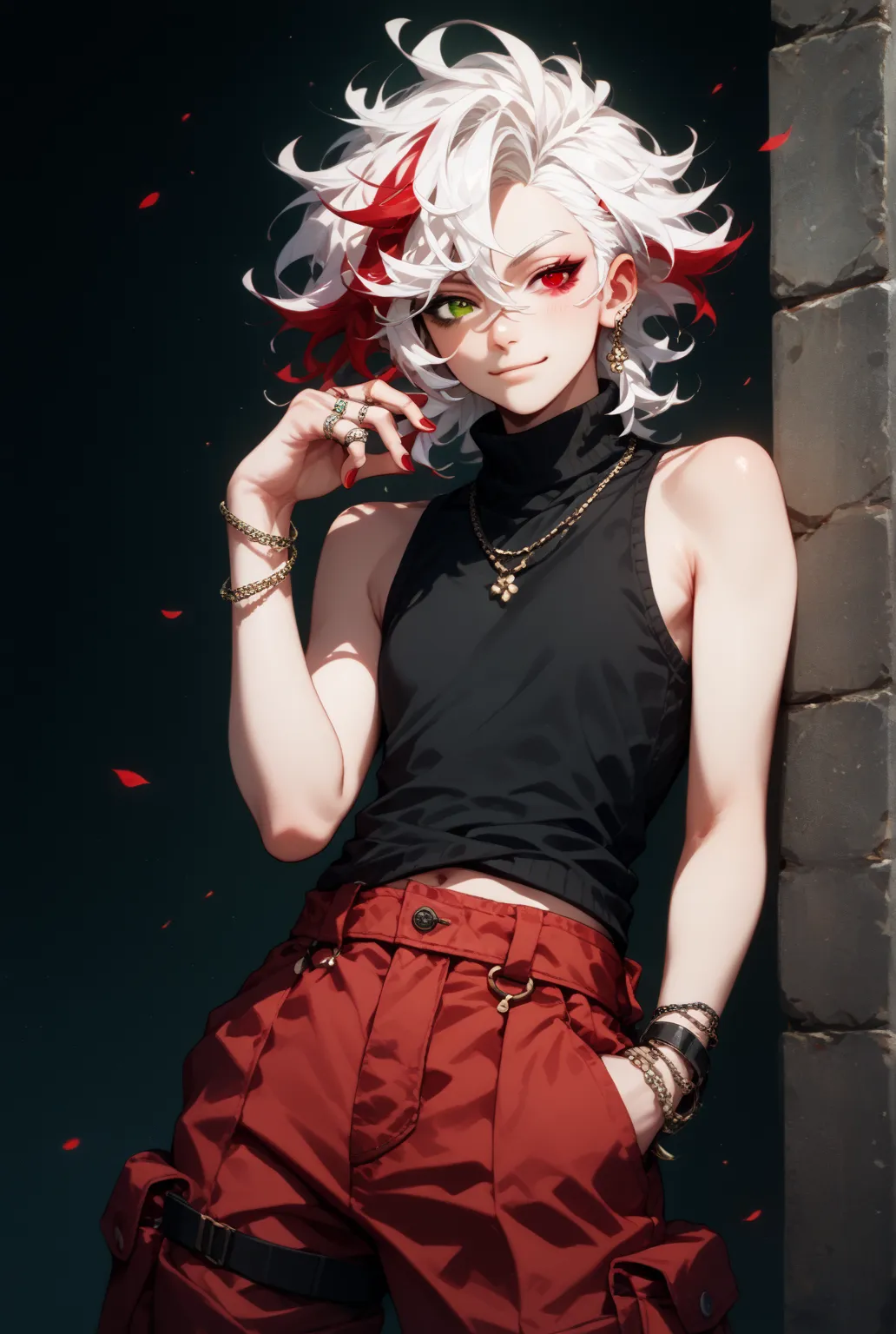 nonbinary, adult, mature, flat chest, (heterochromia: 1 bright green right eye, 1red left eye). Messy short white hair with many red highlights.  Wearing a black turtleneck tank top and red cargo pants. one bracelet. Rings. No background