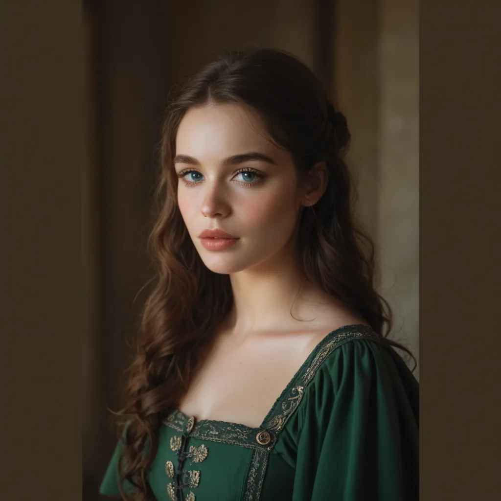 Cinematic photo, young woman, mid s, soft beautiful features, pale skin, blue eyes, long wavy dark brown hair, full lips, chiseled eyebrows, heart shaped face, rosy cheeks, natural beauty, soft youthful features, light freckles, dark green dress, medieval ...