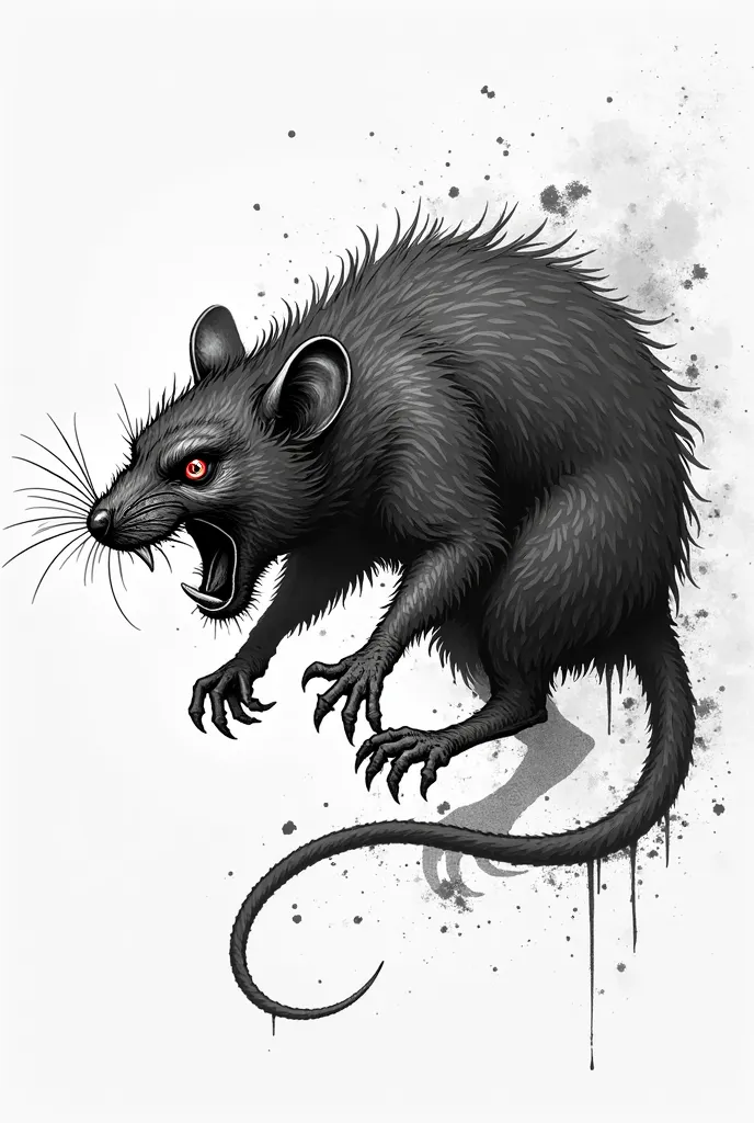 Rat in darkwork illustration pen style chiná.with its mouth open and in profile attacking on a white background 