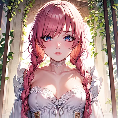 1girl, Solo, Breasts, Looking at viewer, Blush, Bangs, Very Long pink Hair in 2 braids, pale skin, Cat Ears, Fake Animal Ears, bare breasts, entire body visible