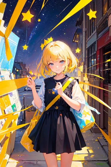  girl who collects stars . She picked up a star from the sky、Pack it in a bag and carry it. the stars shine brightly in the bag.(Contemporary art like a picture book  )( flat oil painting )( simplified)(low saturation)( crayons drawn in bright colors)(Ther...