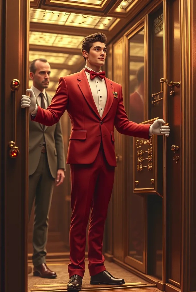 Male elevator operator in a red suit and also a man inside an elevator, Animated images 