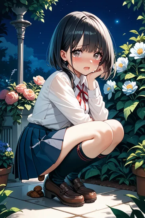  (((Turn around and cry))), 1 girl, Alone,(  black hair ),bob cut the blue cloth, dark eyes,throw,(((In the garden at night))), Crouching girl, uniform, (Student boots), (pleated skirt:1.5),  red ribbon ,(black extra long socks:1.8),medium chest,masterpiec...