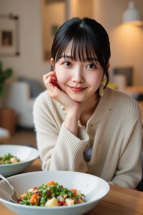 "counter。women wear aprons、happily concentrating on cooking。colorful dishes are lined up on the、Fresh salads、Freshly baked bread、scene where a woman who likes cooking in the kitchen {x} A scene where a woman who likes cooking in the kitchen {x} A rich main...