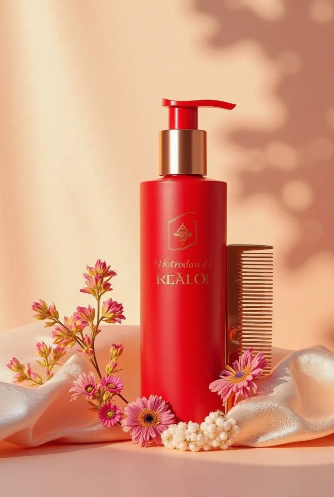 A trendy flat Instagram-style image of a red bottle of hair oil, arranged with fresh flowers, silk fabric and a gold comb. soft beige background bottle with nice natural lighting, creating a luxurious and aesthetically pleasing atmosphere.. The brand logo ...