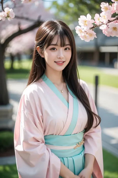 1 girl, solo, High Resolution, long hair, looks at one woman, smiles,  has bangs, 最high quality, anatomically correct, high image quality model, high quality, textured skin, very detailed, brown makeup,pink kimono,Fashionable kimono,Cherry blossom backgrou...