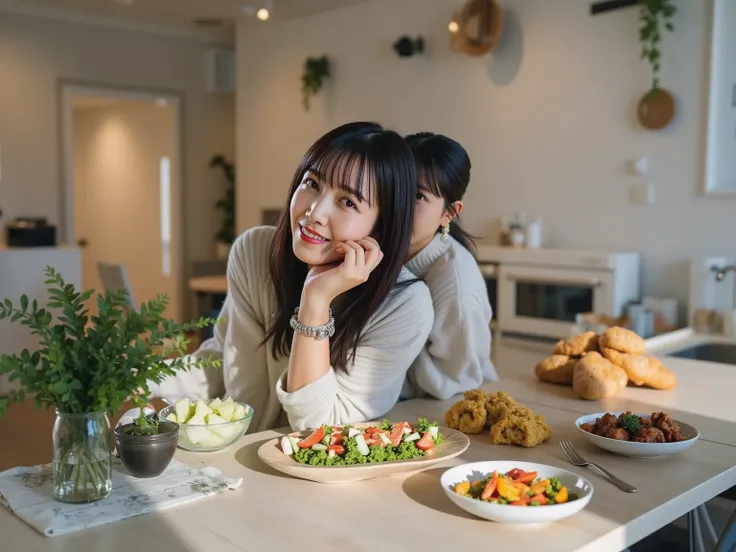 "counter。women wear aprons、happily concentrating on cooking。colorful dishes are lined up on the、Fresh salads、Freshly baked bread、scene where a woman who likes cooking in the kitchen {x} A scene where a woman who likes cooking in the kitchen {x} A rich main...