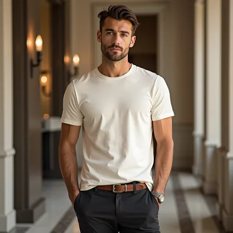 An ultra-HD hyper-realistic full-body studio photograph of a male model wearing a stylish, well-fitting off white, unprinted Egyptian cotton t-shirt with a fitted crew neck and tailored trousers. The setting features a luxurious place, with soft, diffuse l...