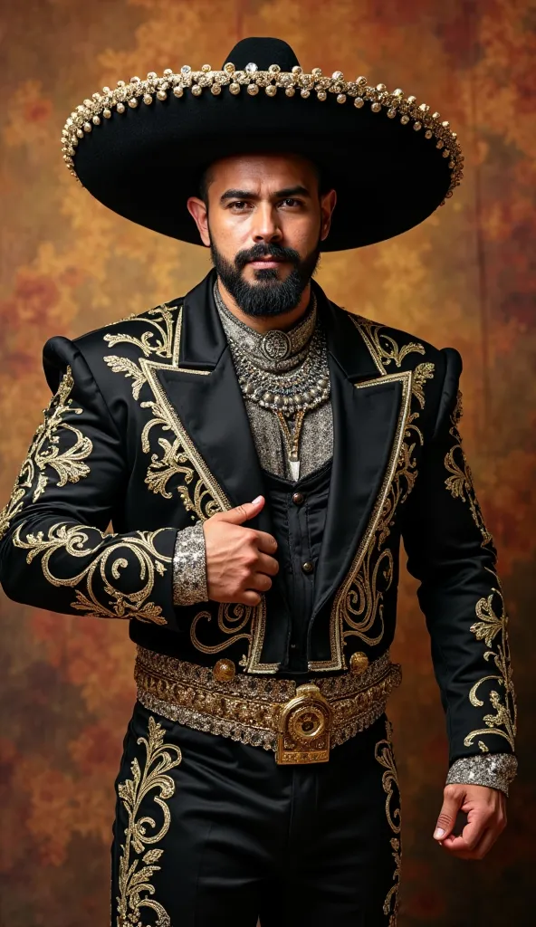 Handsome Mexican bodybuilder man, wearing a spectacular tight black Mexican charro suit, Strong and muscular legs, large lump, big butts, accessories in gold , Mexican black suede hat,  very handsome and muscular , perfect face, At a typical Mexican party,...