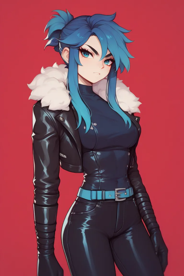 Woman with dark blue hair,  dark blue hair color , long locks on the sides and a long ponytail, sky blue eyes, wears a leather suit with a black leather jacket on top and a white fur hood, black gloves, a blue belt, black leather pants, Use a black mask, H...