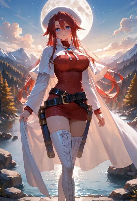 detailed background, masterpiece, top quality, landscape, Mountain, river, forest,  moon, day, cloud、score_9, score_8_up, score_7_up, Atti、非常にlong hair、 red hair、blue eyes、big breasts、 White Beret、Hair between the eyes、 thigh high socks、White footwear、belt...