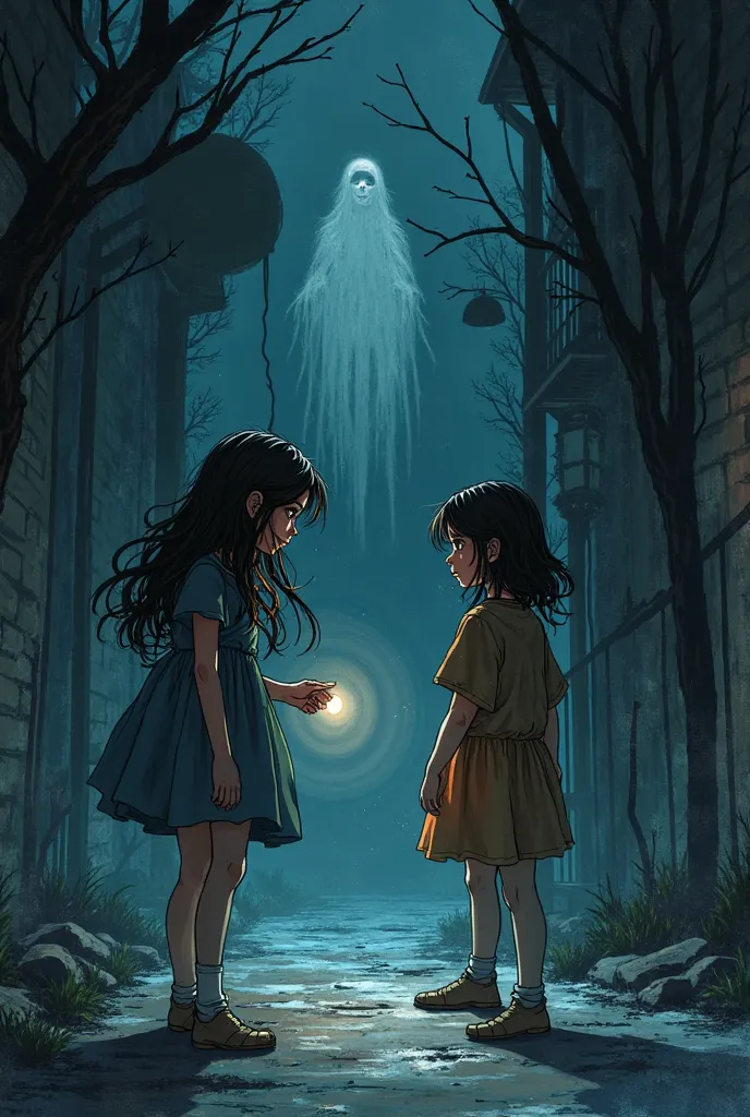 create a storyboard with conversation in every scene preferably four scenes. The story is about two young girls who experienced ghost, it was dark at night, only flashlight served as their light.