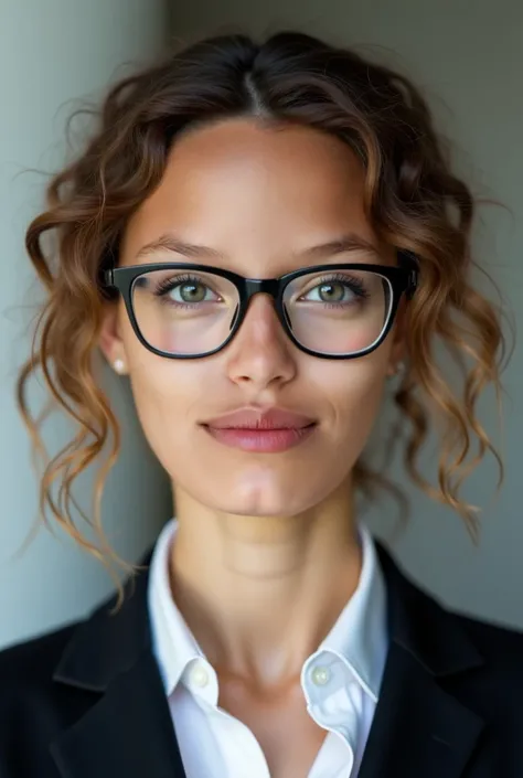  young woman, Dressed as a businesswoman, with light brown curly hair, white-skinned, wearing glasses and looking straight ahead with a symmetrical face