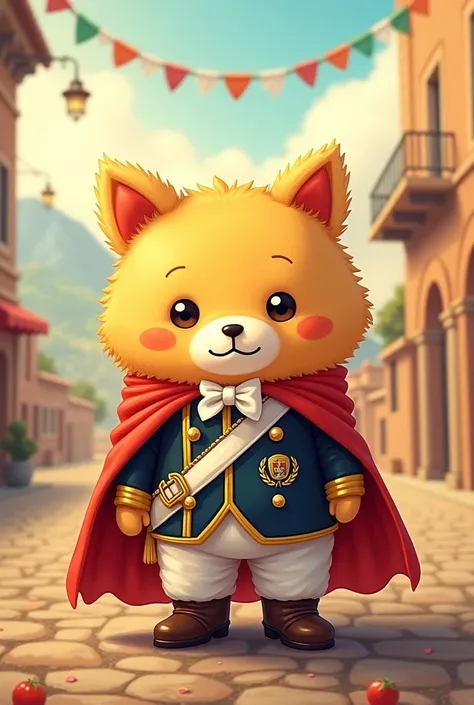 Pompompurin de Sanrio with the flag of Peru and the uniform of Don José de San Martín