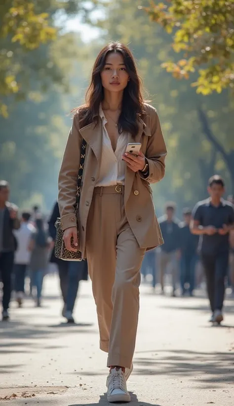 realistic photograph of a beautiful young asian woman, pose like a walking person,  Holding a mobile phone , Confidence, sexy clothes by fashion designers, shoes that match his outfit, Crowded public park location, morning, natural lighting slightly bluish