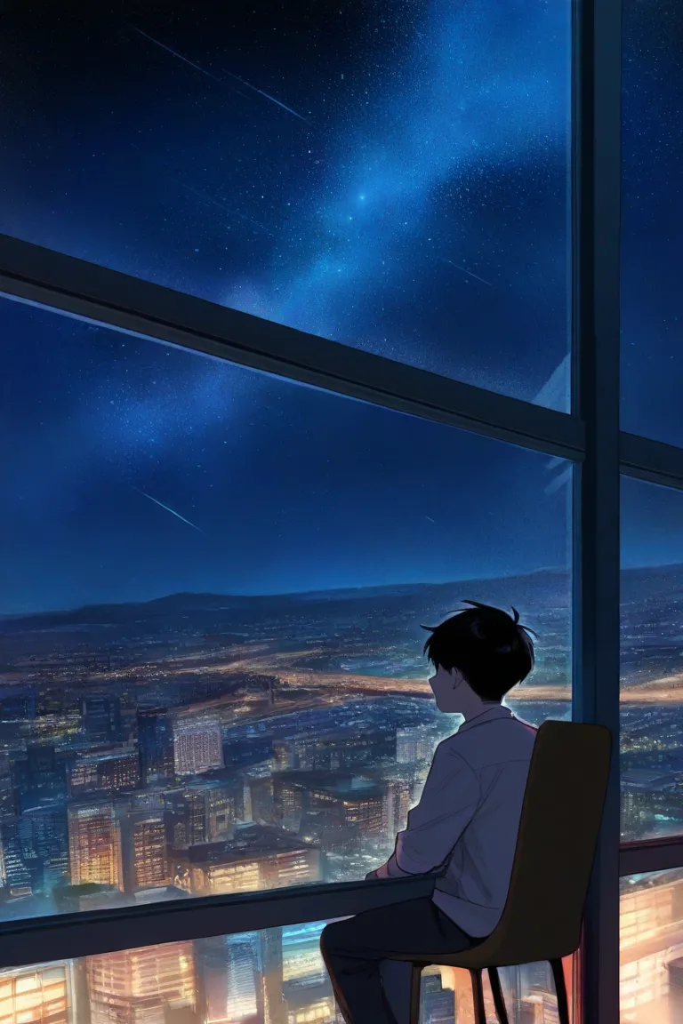 masterpiece,best quality,amazing quality, 1boy, sitting down on a chair with a huge window in front of him, (beautiful city) night sky, starfall, amazing looking stars, with a robot in the very distance