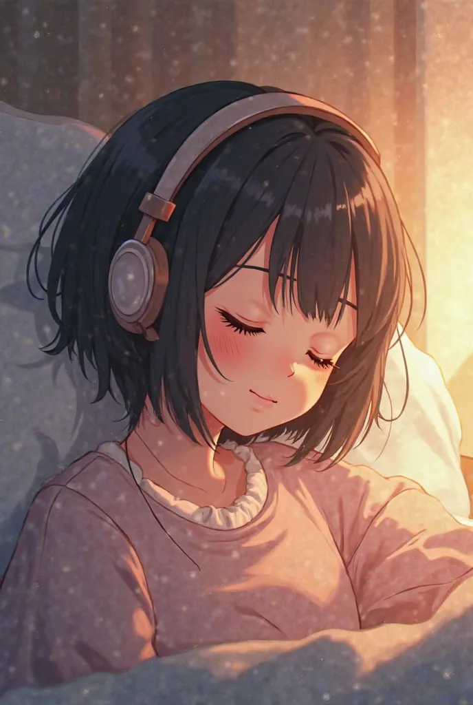 A tender animation about a girl, short black hair, Eyes closed while lying down listening to music with her headphones 