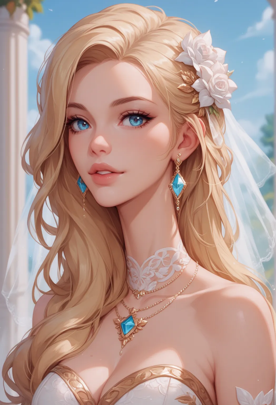 A beautiful woman in her twenties. She is looking at the viewer with a soft expression. She has well-shaped lips, azure eyes, and long blonde hair. She is wearing a white wedding dress with gold accents and jewelry. 
