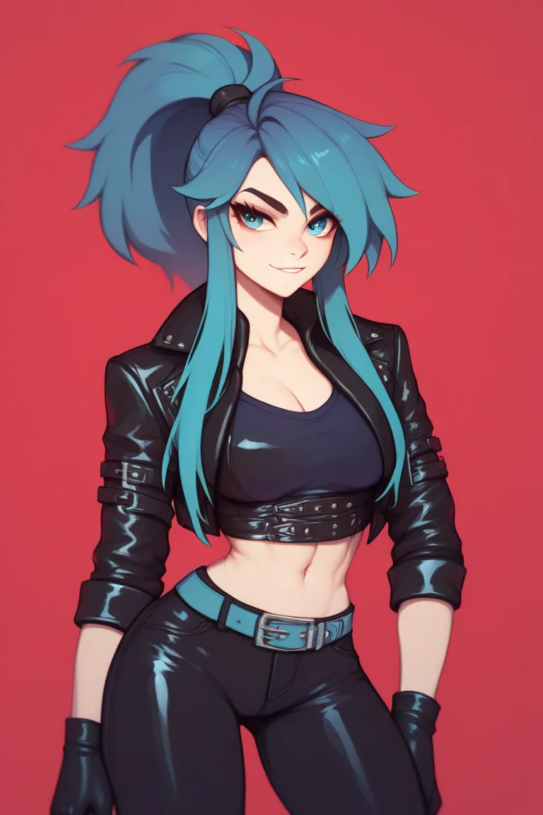 Woman with dark blue hair,  dark blue hair color , long locks on the sides and a long ponytail, sky blue eyes, wears a leather suit with a black leather jacket on top and a white fur hood, black gloves, a blue belt, black leather pants, wear a black mask, ...