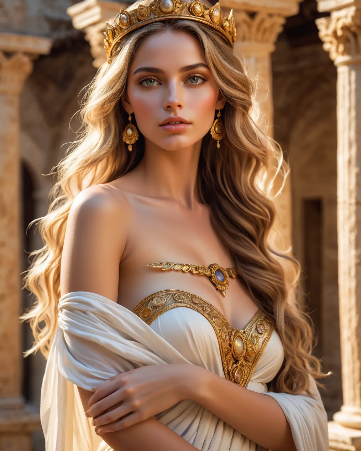 (best quality,4k,8k,highres,masterpiece:1.2), ultra-detailed, (realistic,photorealistic,photo-realistic:1.37), portraits, HDR, Greek mythology, beautiful goddess Venus portrait, perfect DNA, detailed eyes, detailed lips, stunning beauty, flowing golden hai...