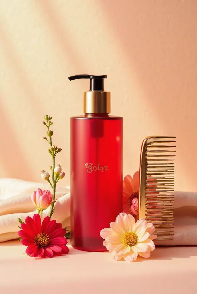 A trendy flat Instagram-style image of a red bottle of hair oil, arranged with fresh flowers, silk fabric and a gold comb. soft beige background bottle with nice natural lighting, creating a luxurious and aesthetically pleasing atmosphere.. The brand logo ...