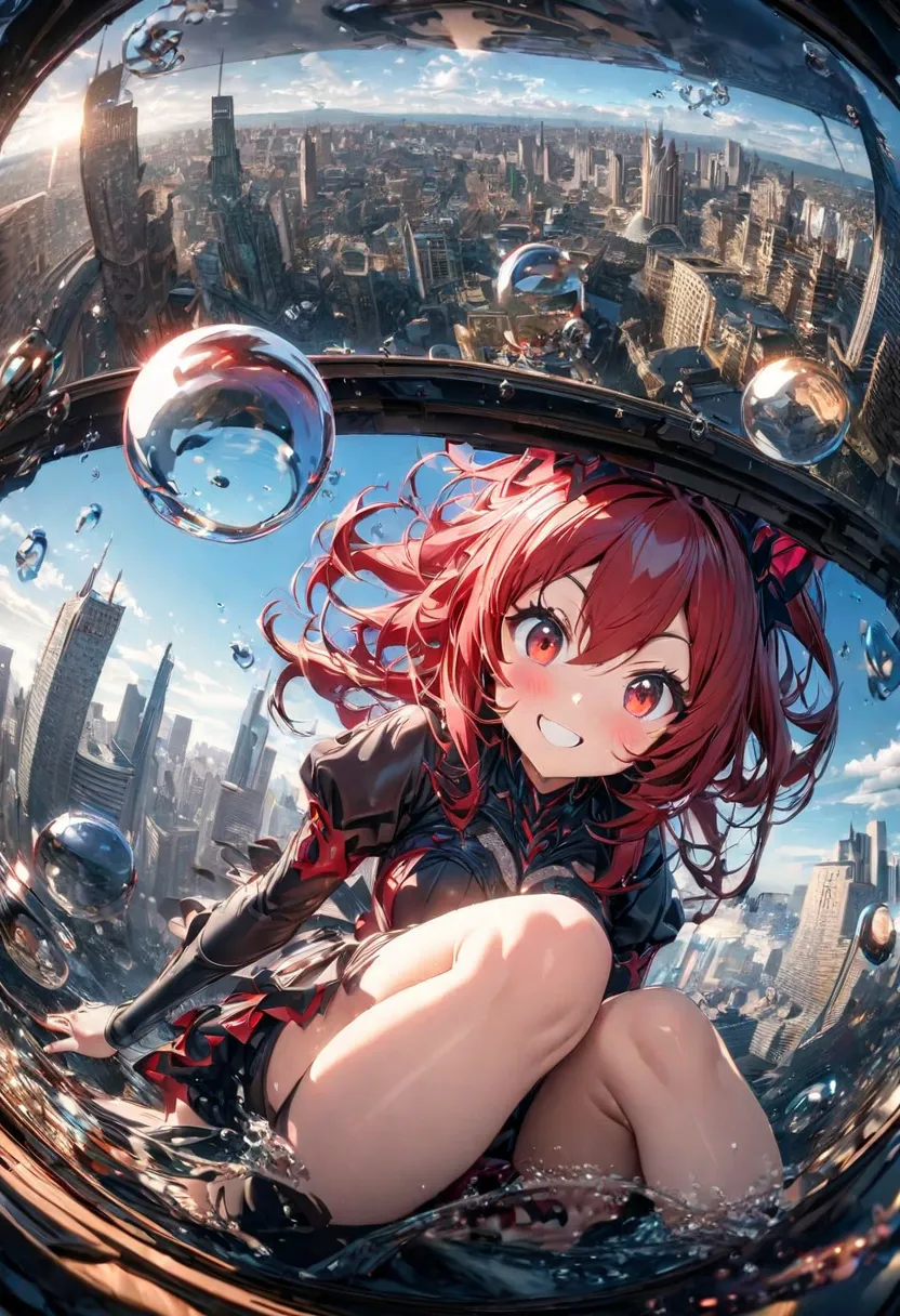 very well detailed, 8k, Glass, Water in a Glass, Beautiful Glass ball in a Glass, bubble, , Nice,        bright　 red hair.cute knee-length smile.Space of Illusions.Other Illusions. Red Eyes.  cute fairy absurd, High Resolution, very well detailed, (one gir...