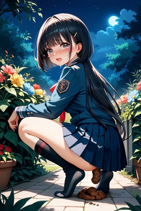  (((Turn around and cry))), 1 girl, Alone,(  black hair ),bob cut the blue cloth, dark eyes,throw,(((In the garden at night))), Crouching girl, uniform, (Student boots), (pleated skirt:1.5),  red ribbon ,(black extra long socks:1.8),medium breasts,masterpi...