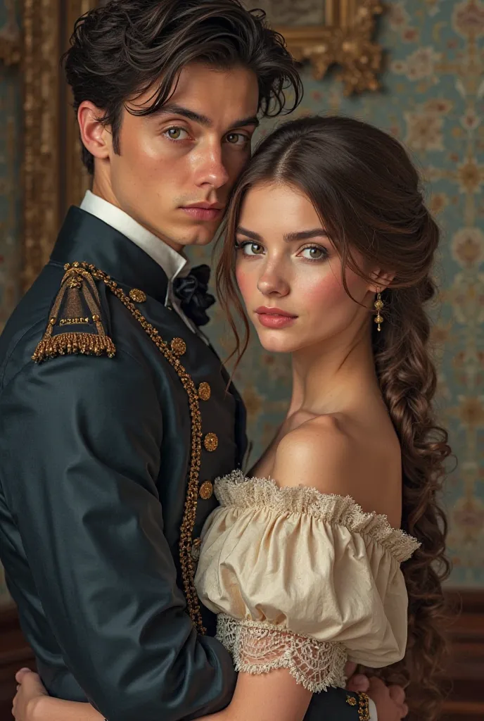 Create the cover of a romance book entitled "The Colonel's Daughter", written by Ivylle Guimarães. With a young couple, a white girl with brown hair and a sophisticated period dress, but simple, With a tall young man, black hair and a modest toothpick. 