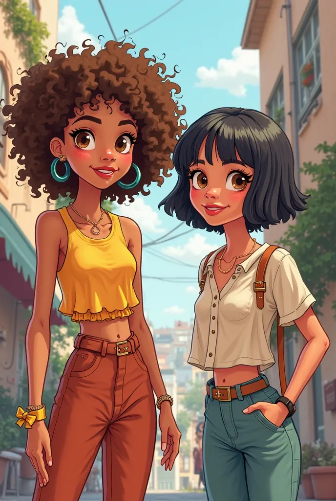 Cartoon of two women. The first with curly hair and amber eyes, And the second with short hair, dark eyes, more unisex clothes