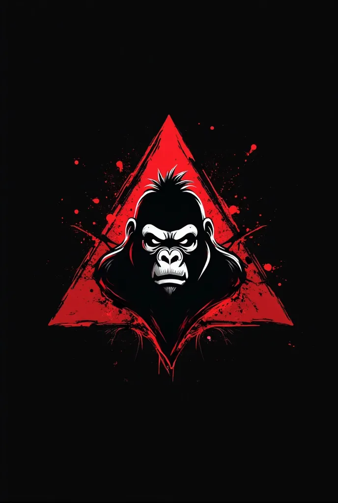 Create a logo for a Muay Thai jiu-jitsu fighting academy the background of the photo must be black there must be a triangle representing the jiu-jitsu blow and on the front there must be a gorilla the color of the logo must be red and black must have also ...