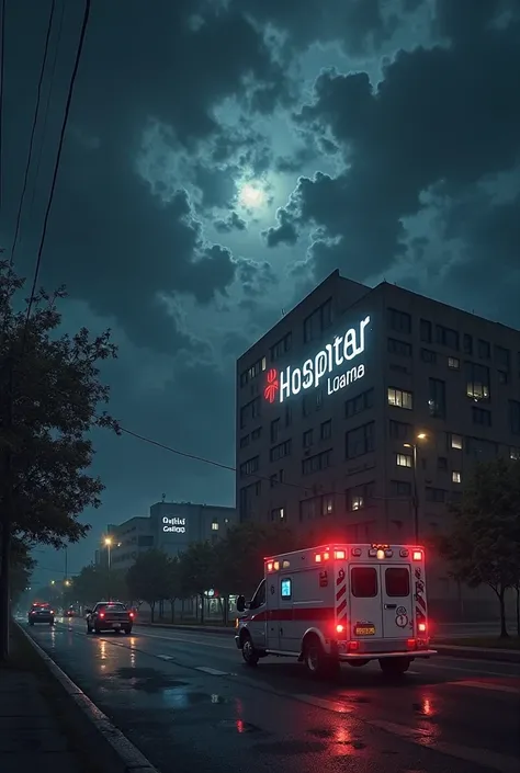 It's nighttime, a storm is coming, you can see a hospital in the city with the letter hospital in large and an ambulance parked outside the hospital.  