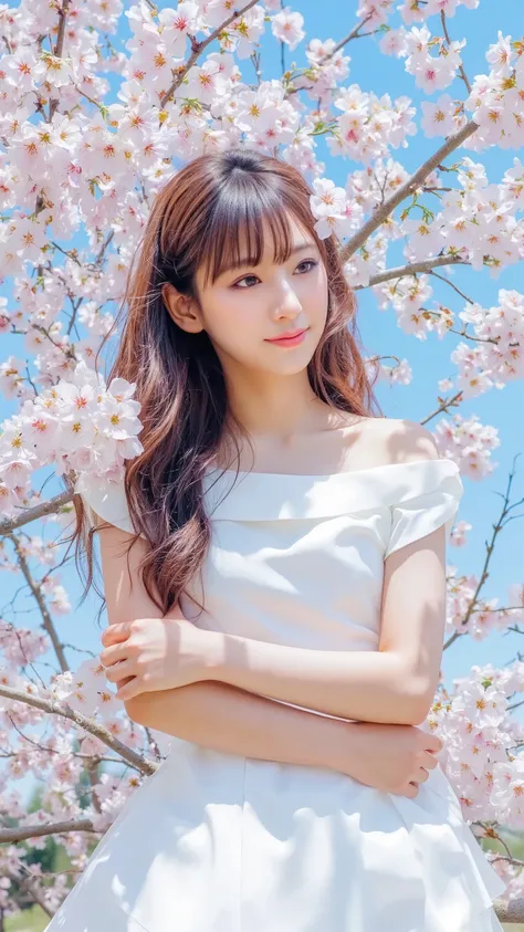(realistic、as shown in the picture、live-action、8k, Photorealistic)、( cherry blossoms in full bloom:1.3)、(A perfect off-the-shoulder white dress:1.4、clothes that fit the body、Big Breasts、(( pink inner colored hair :1.1))、 female 1 person、Japanese Gals、((dur...