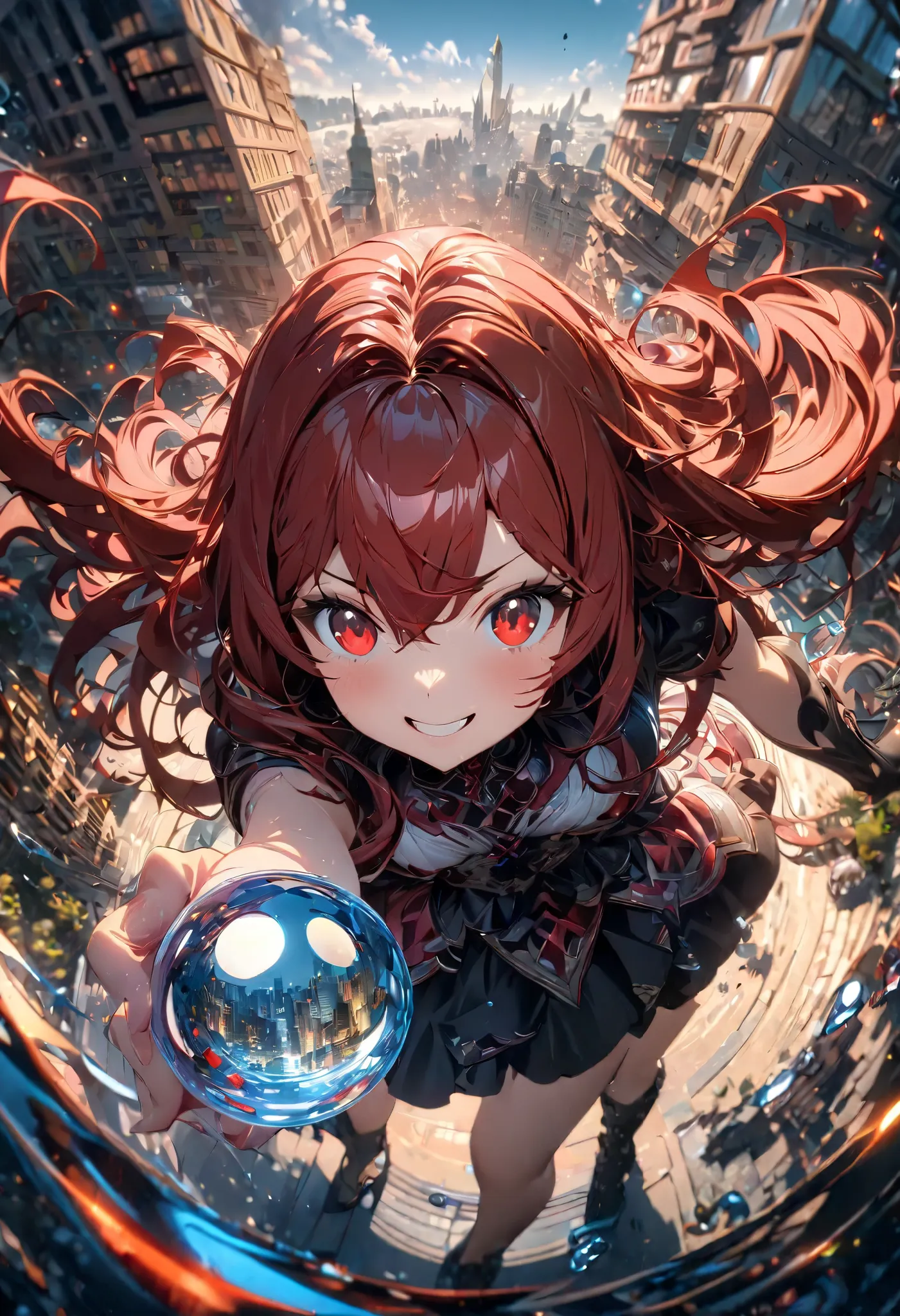 very well detailed, 8k, Glass, Water in a Glass, Beautiful Glass ball in a Glass, bubble, , Nice,        bright　 red hair.cute knee-length smile.Space of Illusions.Other Illusions. Red Eyes.  cute fairy absurd, High Resolution, very well detailed, (one gir...