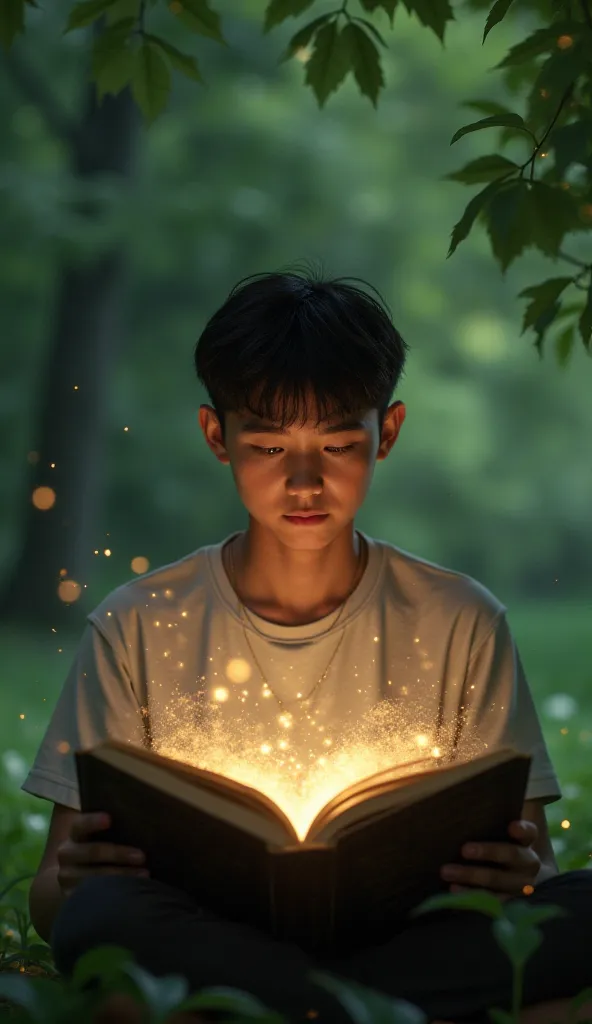  A young man reading a book in a park. On the open page , the words seem to glow softly, as if they were highlighted by a divine light. Their expression is one of wonder and understanding.