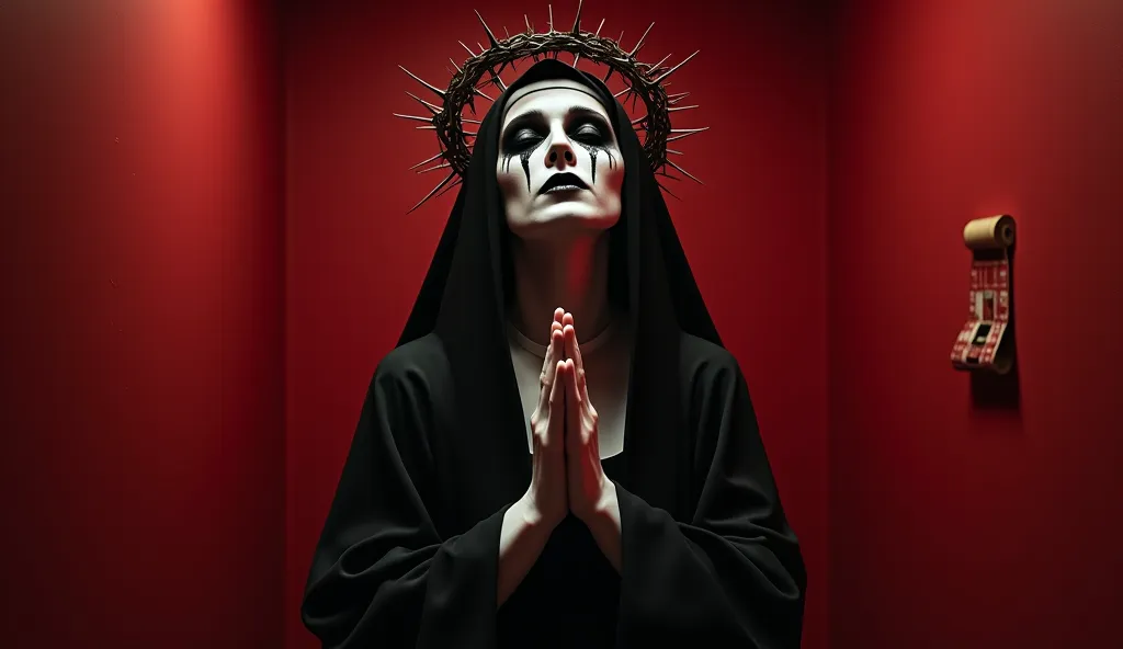 Hyperrealistic a gothic nun with a crown of thorns on a red background with a dark atmosphere of black eyes and white skin for horror movie poster full body with a religious pose with her hands worshiping God and with a roll of movie tapes on the back of t...