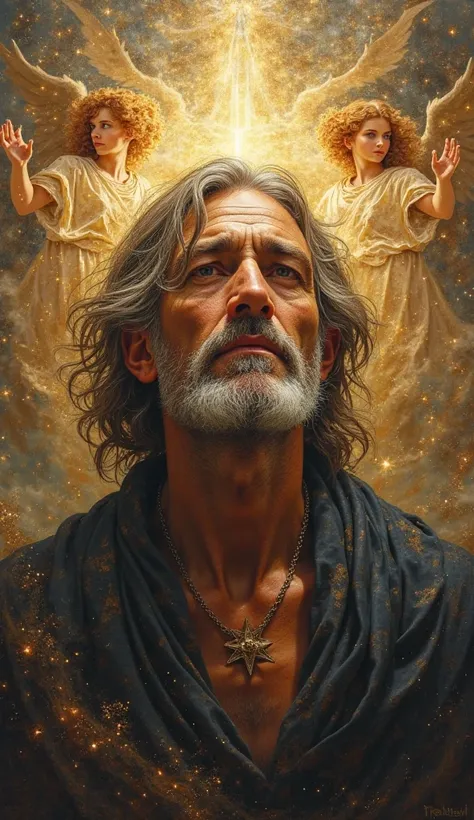 A portrait of Enoch with a deep and mysterious look, surrounded by heavenly visions and angels, in Renaissance style.