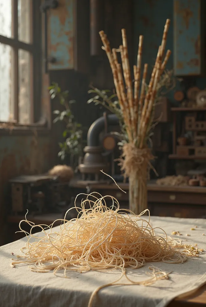 Display on a table beige threads with cut sugar cane and industrial machines in the background