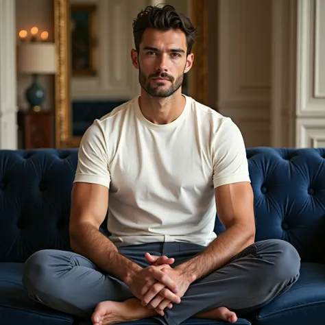 An ultra-HD hyper-realistic full-body studio photograph of a male model wearing a stylish, well-fitting off white, unprinted Egyptian cotton t-shirt with a fitted crew neck and tailored trousers. The model is in a luxurious room sitting cross-legged on a n...