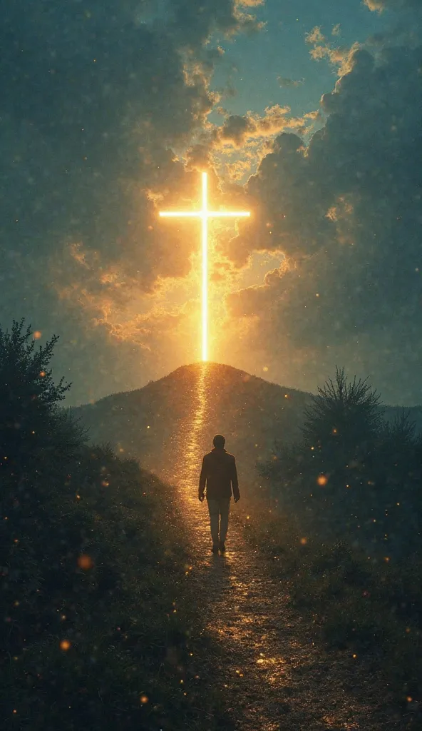 "Create a hauntingly beautiful scene of a lone figure walking away from a radiant, glowing cross on a hill. The path behind them is illuminated by golden light, while the path ahead darkens into a shadowy forest. A faint, translucent Bible floats near thei...