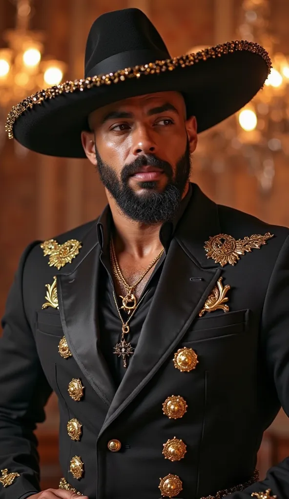 Henry Caville handsome bodybuilder, wearing a spectacular tight black Mexican charro suit, Strong and muscular legs, large lump, big butts, accessories in gold , Mexican black suede hat,  very handsome and muscular , perfect face, At a typical Mexican part...