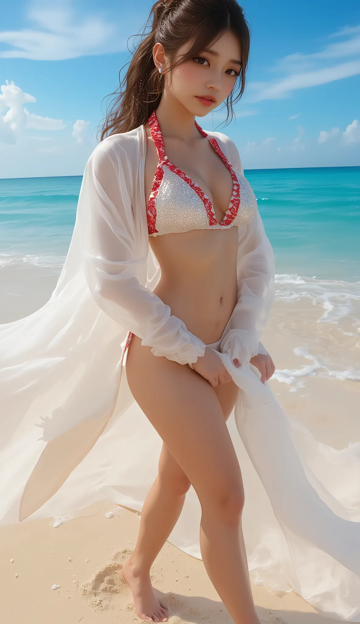 （highest quality、8k、masterpiece：1.3）、(very big breasts：1.5)、Perfect Beautiful Face、heavy makeup、BEAUTIFUL SHINY SKIN：1.2、 updo to the chest：1.2、WEAR A WHITE AND RED SPARKLING BIKINI、I'm walking on the beach 。  the scene is bright 、 clear、 Beautiful Woman w...