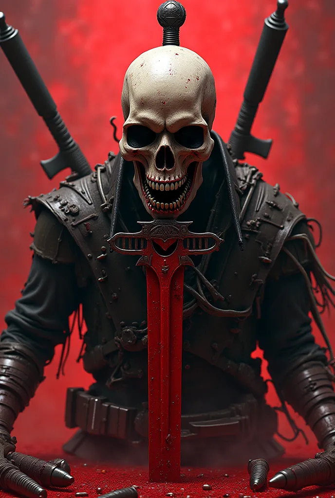 An image of a skull swallowing a sword bathed in blood with ammunition and weapons around it with an aura of fear that represents death in animation

