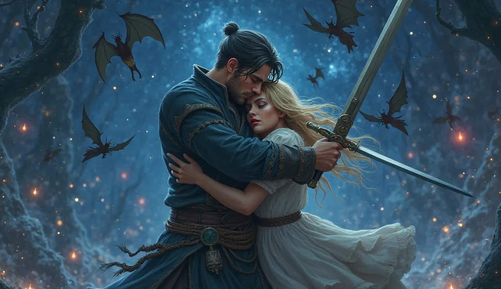  fantasy。Attacked by many flying demons、A young man who hugs a beautiful blonde woman crying and closes her eyes while fighting with a sword with an angry face。Stars that shine like crystals at night。4K