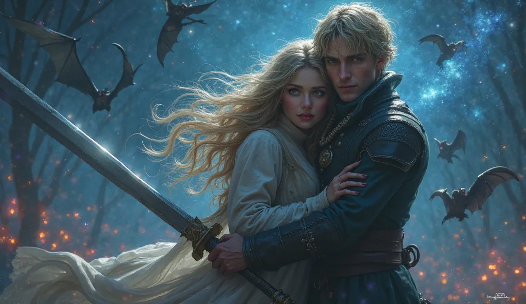  fantasy。Attacked by many flying demons、A young man who hugs a beautiful blonde woman crying and closes her eyes while fighting with a sword with an angry face。Stars that shine like crystals at night。4K