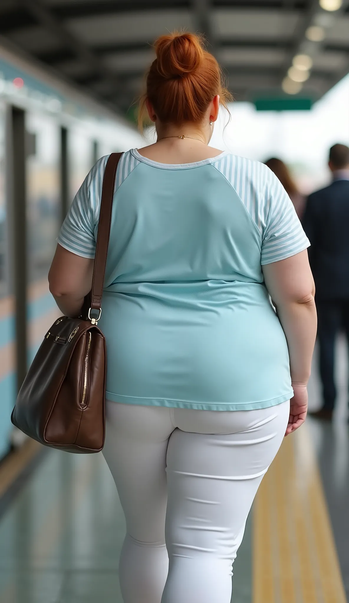 Realistic photo of a very fat woman from behind walking at the train station. She is wearing a light blue top with white stripes and white pants. She has red hair tied in a bun. She has a purse over her shoulder and is quite chubby and has a wide ass. 