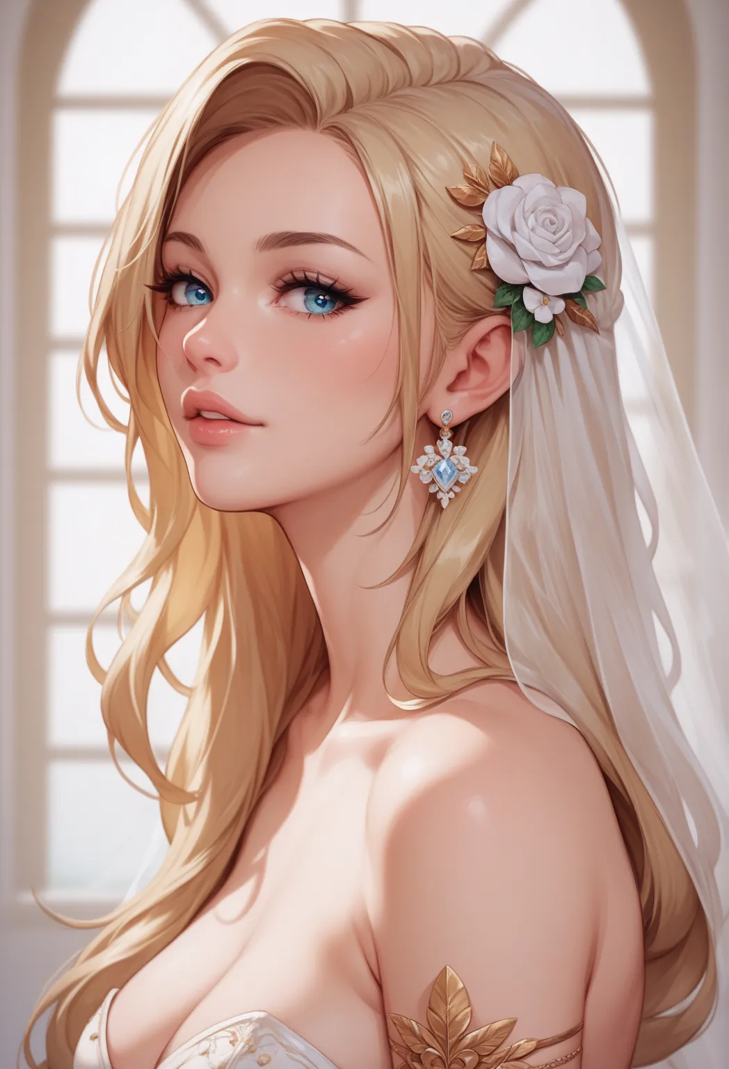 A beautiful woman in her twenties. She is looking at the viewer with a soft expression. She has well-shaped lips, azure eyes, and long blonde hair. She is wearing a white wedding dress with gold accents and jewelry. 
