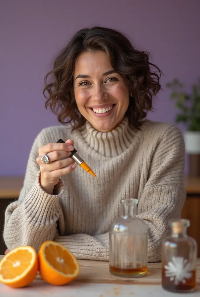 In the foreground there is a woman with a nice smile, short wavy hair, With a sweter, the woman is holding a dripper then there is a table showing a glass knob, a bottle,  an orange cut in half , in the background shows a low purple wall