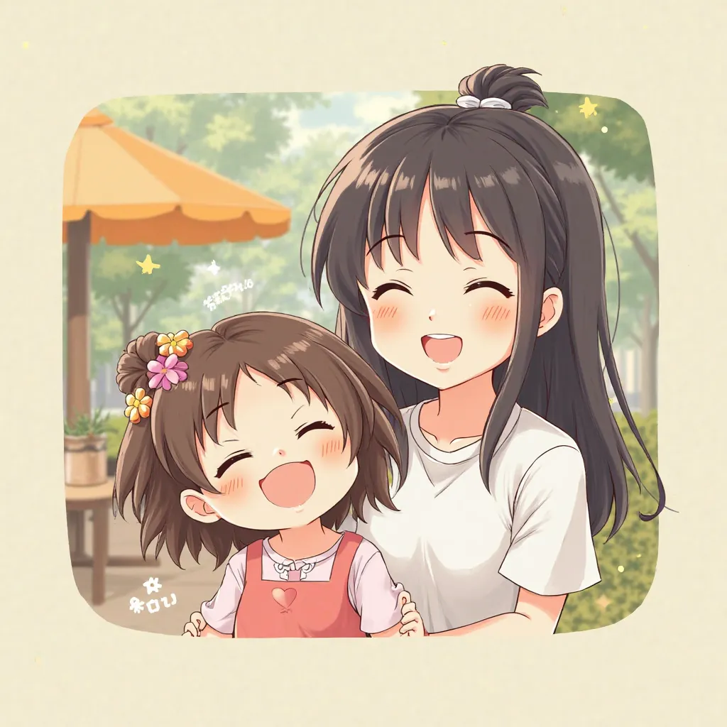 A heartwarming illustration of Kuninaka Ryoko and her age daughter, smiling brightly together.  Both are depicted in a cute and friendly style, emphasizing their close bond.  The background could be a simple, cheerful setting like a park or cafe. Keywords:...